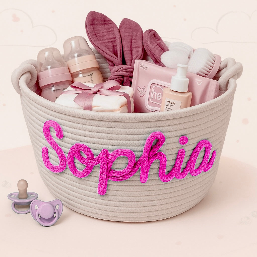 Untitled_design_fe7a6cba-a6a7-4f75-ae36-64a11077aefb CuddleBasket– Schattig&Persoonlijk– Gepersonaliseerde Luiermand S (21x18cm) / Rosé | Educatief Speelgoed - Afbeelding 1