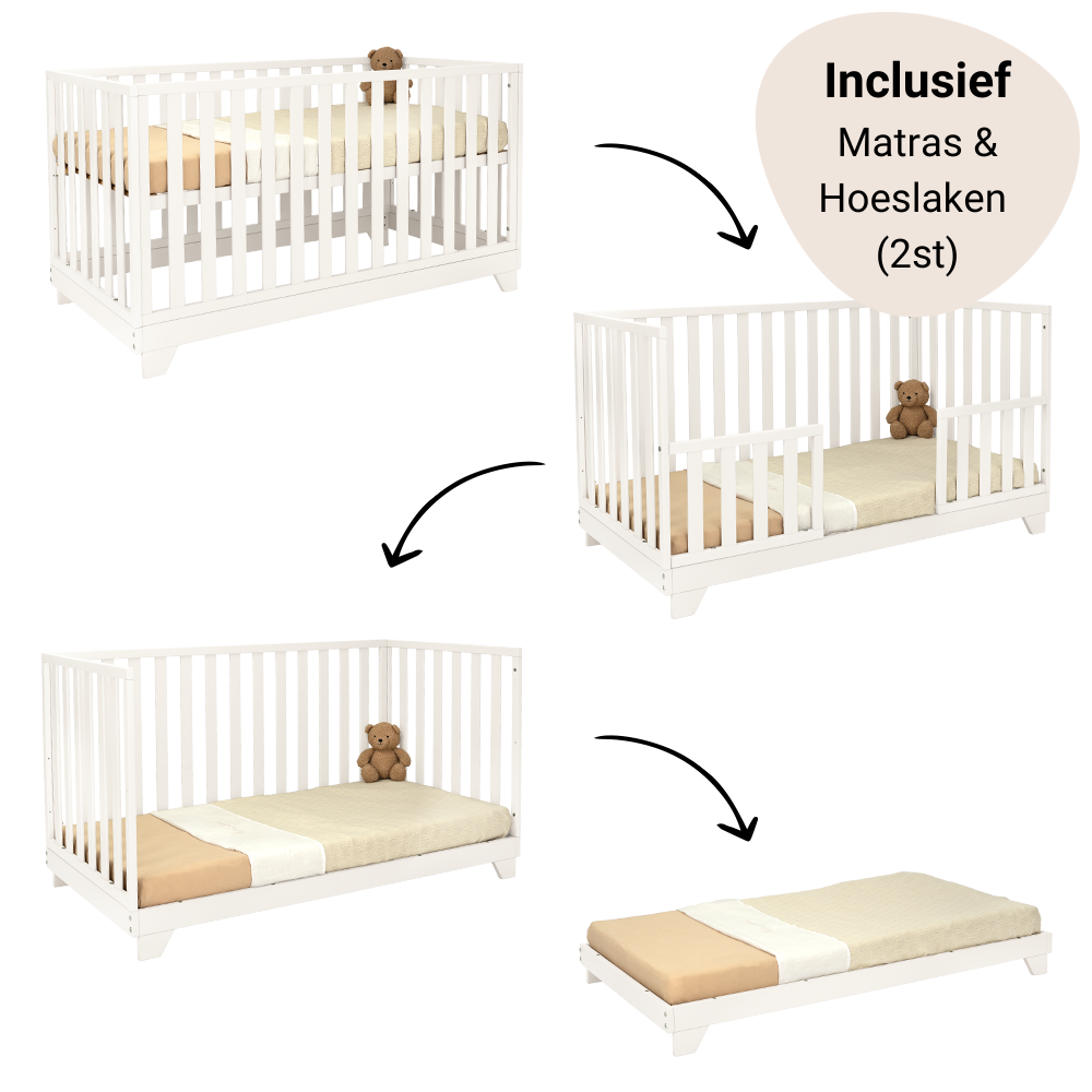 Set | Meegroei Ledikant Colorfull Home Lois V2 Pure White + Matras ABZ Airflow Pro + Hoeslaken Meyco Wit (2st) Set | Meegroei Ledikant Colorfull Home Lois V2 Pure White + Matras ABZ Airflow Pro + Hoeslaken Meyco Wit (2st) - Afbeelding 1