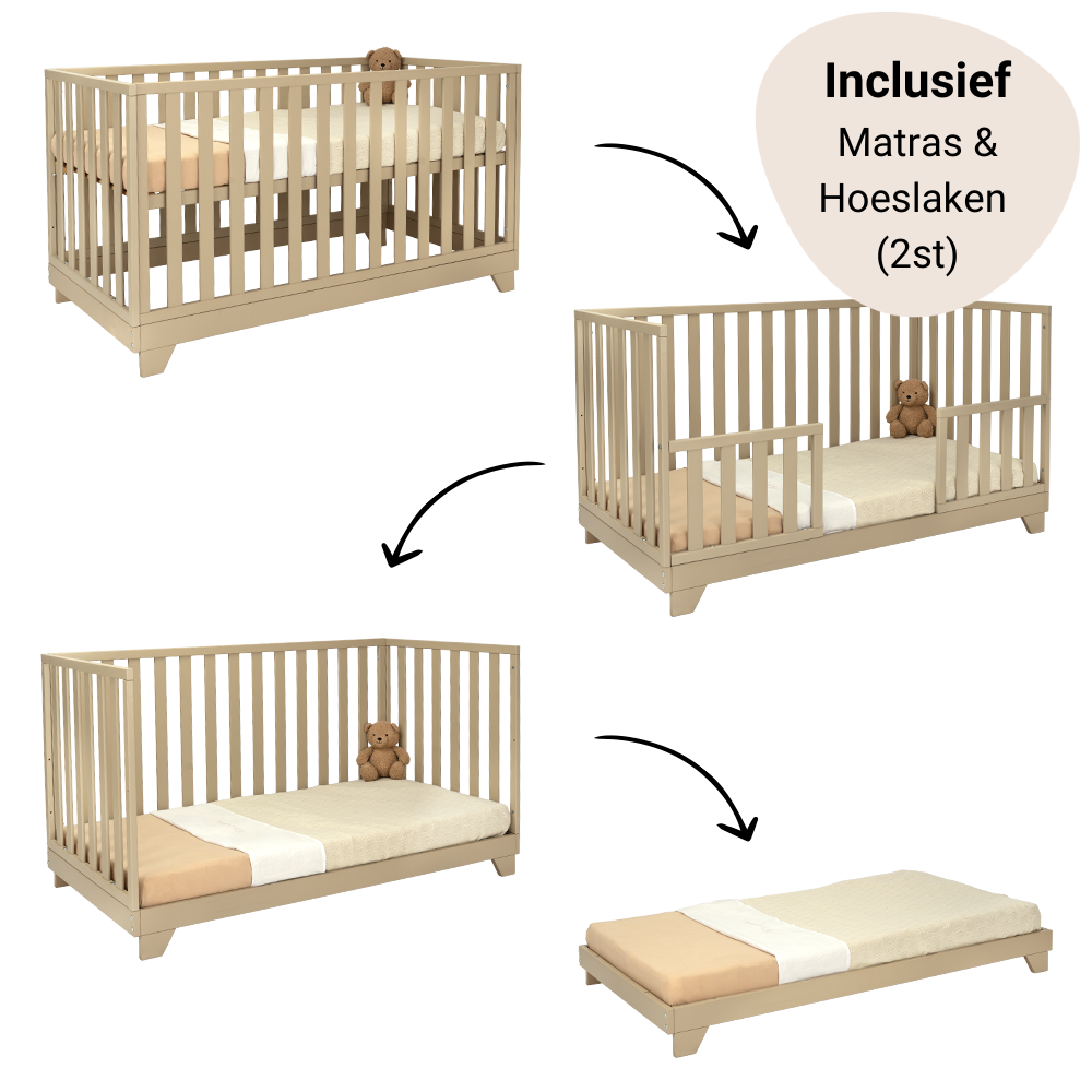 Set | Meegroei Ledikant Colorfull Home Lois V2 70x140 Pure Sand + Matras Airflow Pro + Hoeslaken Meyco Jersey Wit (2st) Set | Meegroei Ledikant Colorfull Home Lois V2 70x140 Pure Sand + Matras Airflow Pro + Hoeslaken Meyco Jersey Wit (2st) - Afbeelding 1