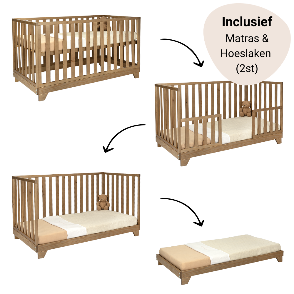 Set | Meegroei Ledikant Colorfull Home Lois V2 70x140 Pure Walnut + Matras Airflow Pro + Hoeslaken Meyco Jersey Wit (2st) Set | Meegroei Ledikant Colorfull Home Lois V2 70x140 Pure Walnut + Matras Airflow Pro + Hoeslaken Meyco Jersey Wit (2st) - Afbeelding 1