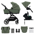 Kinderwagen Kinderkraft Yoxi 3-in-1 Mystic Green Met Autostoel Kinderkraft Mink 2 Pro I-Size Black Met Base