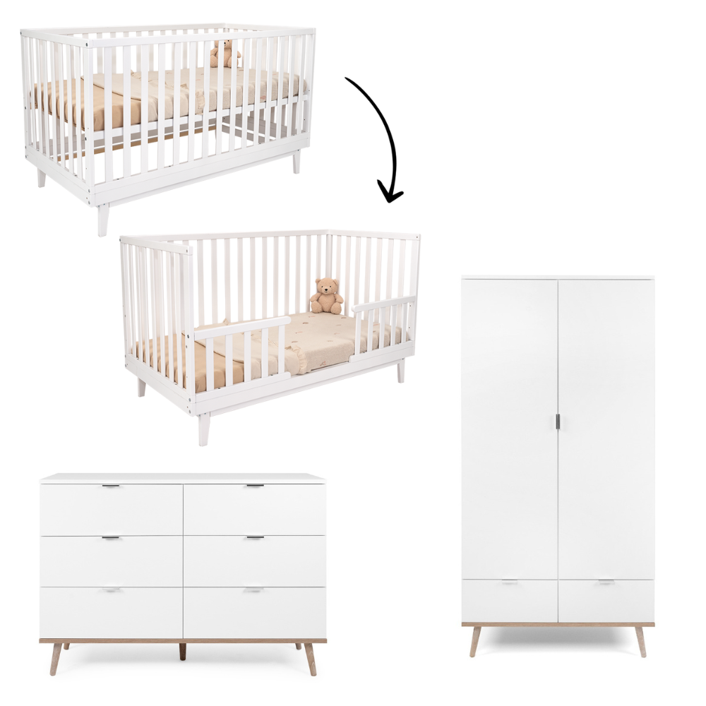 Babykamer Finori Göteborg (Meegroei Ledikant Elise + Commode 6-lades + Kast 2-deurs) Babykamer Finori Göteborg (Meegroei Ledikant Elise + Commode 6-lades + Kast 2-deurs) - Afbeelding 1