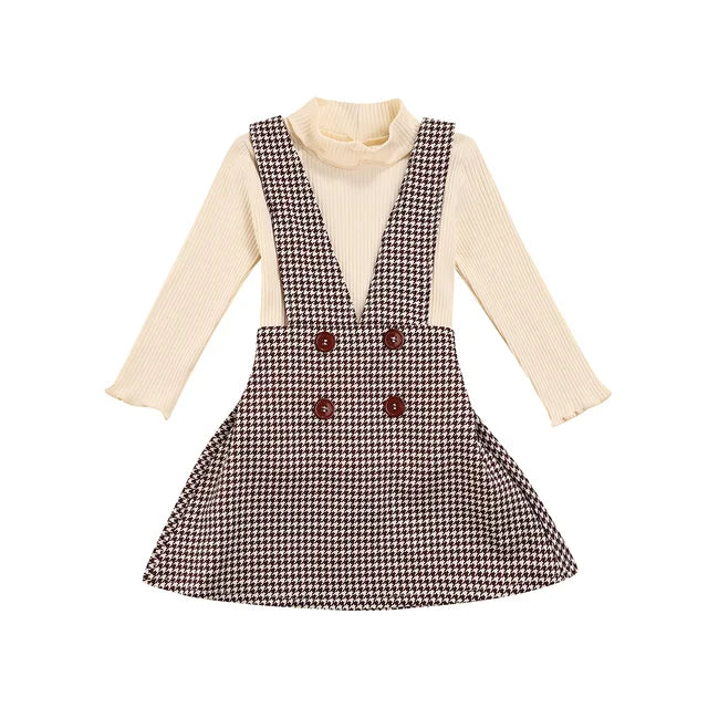 image_125_Citgeett_Autumn_Kids_Girls_Clothes_Set_Suit_Solid_Turtleneck_TopsPlaid_Suspender_Skirt_Sets_Fall_Clothes_7 Mini Fashion™ - Schattig en Stijlvol - Tweedelige jurken set Beige / 92 (1 -2 Jaar) | Educatief Speelgoed - Afbeelding 1