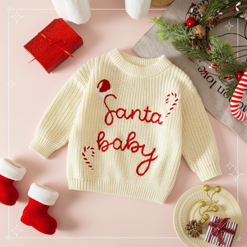 JoyKnit– Knus&Warm - Kersttrui met tekst Beige (Santa Baby) / 90 (18–24 Maanden) | Educatief Speelgoed