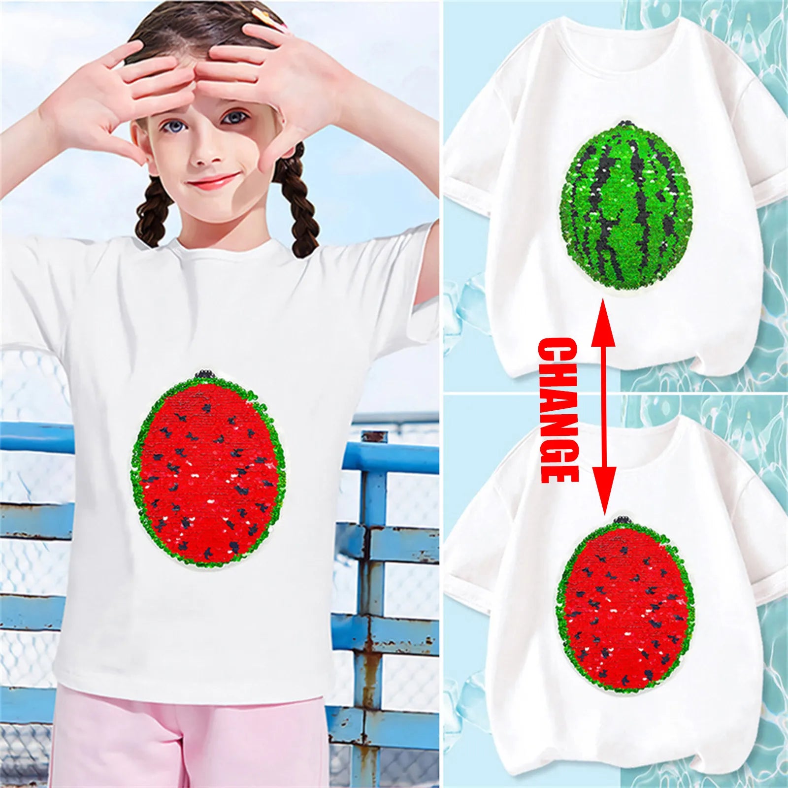image_653_1713524219361-70407895-44823874-48583441_0 Mini Fashion™ - Schitter&Transformeer - Watermeloen T-shirt 140 (7-8 jaar) | Educatief Speelgoed - Afbeelding 1