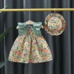 Mini Fashion™ - Schattig Bloemen Ontwerp - Meiden Jurk met hoed Groen / 6 | Educatief Speelgoed