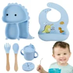 Dino Tablewear Set™ - 7-delige set - Siliconen Kinderservies Blauw | Educatief Speelgoed