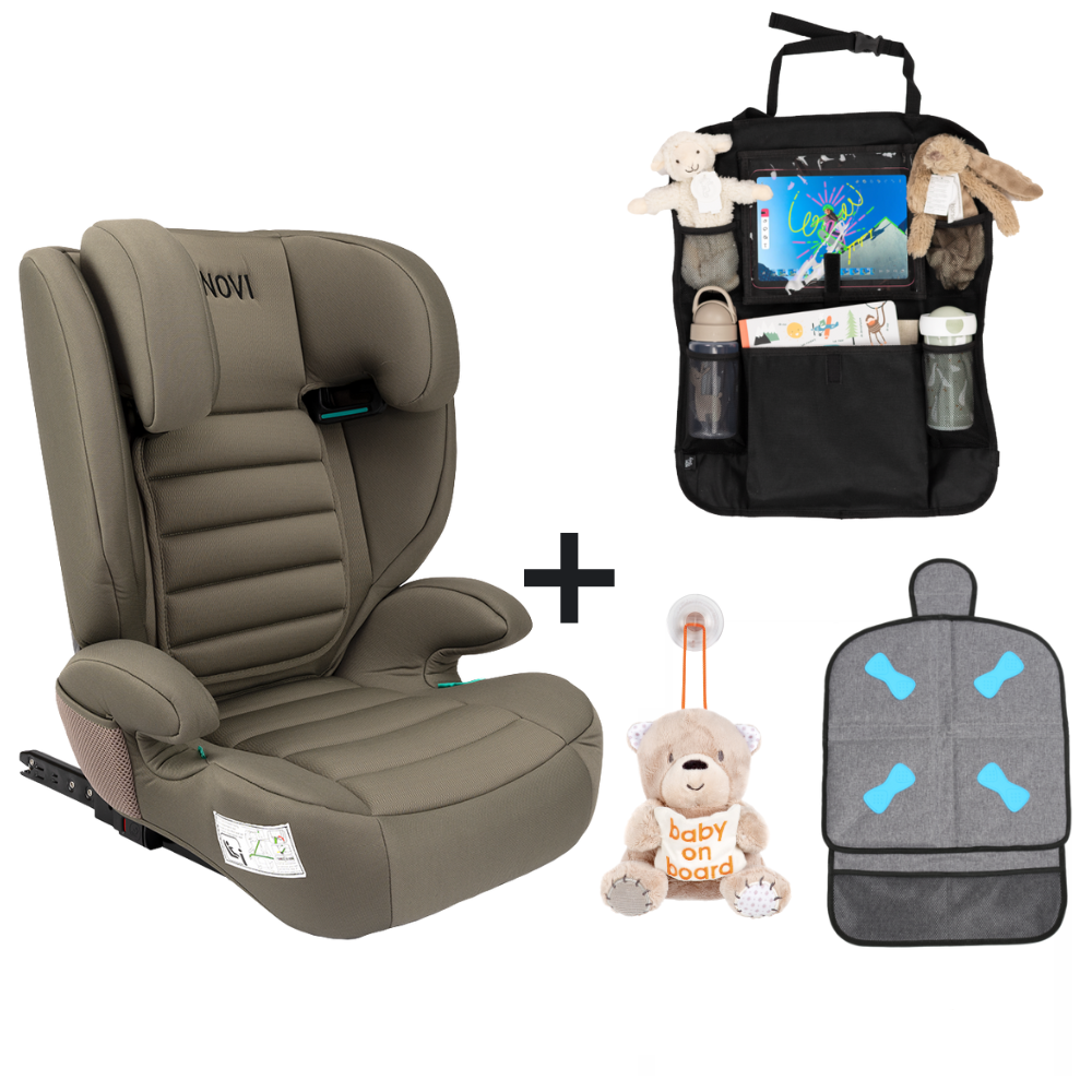 Set |Novi Baby® James Premium i-Size Isofix Dark Taupe met Organizer Set |Novi Baby® James Premium i-Size Isofix Dark Taupe met Organizer, Stoelbeschermer en Baby on Board Knuffel - Afbeelding 1