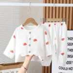 Mini Fashion™ - Luchtig Materiaal - Linnen Kleding Set Wit - Aarbeien / 90 (1-2 jaar) | Educatief Speelgoed