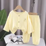 Mini Fashion™ - Luchtig Materiaal - Linnen Kleding Set Geel / 80 (9-12 maanden) | Educatief Speelgoed