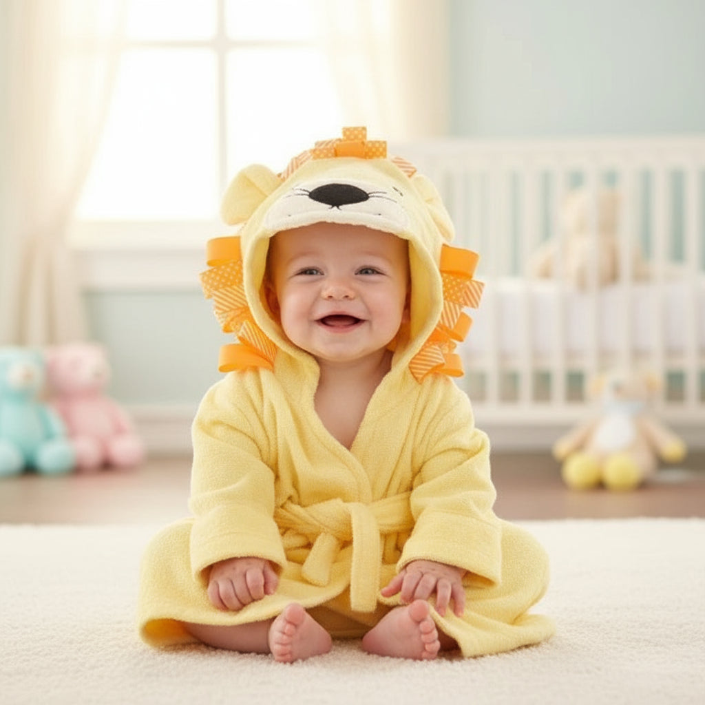 10_c557d6ea-0d24-431d-84a3-9416a9260d80 CozyNest– Zacht&Absorberend– Badjas met Dierendesign Gele leeuw / 90 (2–3 jaar) | Educatief Speelgoed - Afbeelding 1