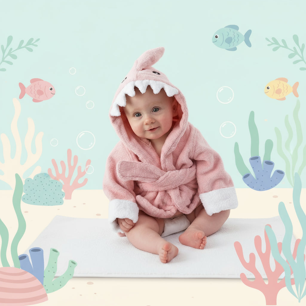CozyNest– Zacht&Absorberend– Badjas met Dierendesign Roze haai / 70 (0–18 maanden) | Educatief Speelgoed