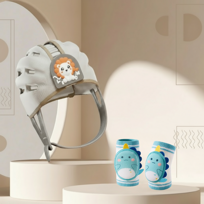 Lion_3 MiniShield– Licht&Ademend– Hoofdbeschermer voor Kinderen Leeuw / Lichtblauw + 2x kniestukken | Educatief Speelgoed - Afbeelding 1